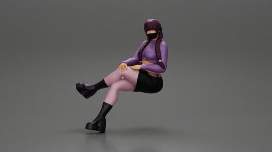 Sexy girl sitting with crossed legs  in boots mini skirt and a mask with long pigtails