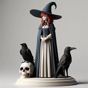 1680 Witch with Ravens and Skull - Color 3D Printed Statue, magic, dragon, serpent, mask, gnome, gorgon, venetian carnival, wild, fox, monster, cat, fair, witch, werewolf, horror, beast, snake, troll, skeleton dance