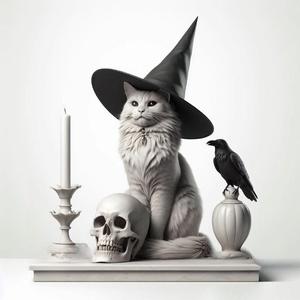 1366 Witch Cat Composition - Skull, Raven & Candleholder on Shared Ivory Base, magic, creature, fantasy, wood, gnome, gorgon, warrior, wild, fox, monster, cat, dog, fair, witch, werewolf, horror, beast, gothic, troll