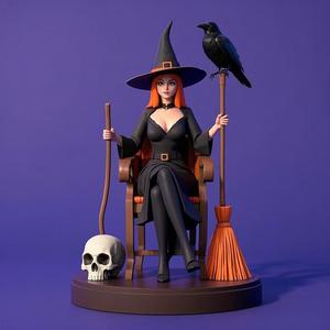 1276 Elegant Witch with Broom, Raven and Skull - Colorful Full-Body Figurine, magic, creature, fantasy, wood, gnome, gorgon, warrior, wild, fox, monster, cat, dog, fair, witch, werewolf, horror, beast, gothic, troll