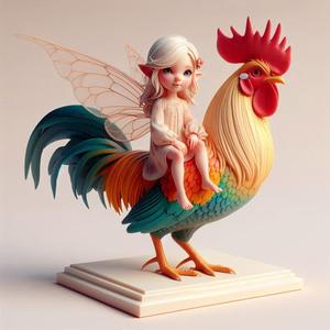 921 Fairy Rider - COLORFUL 3D-Printed Ivory-Style Statue of Fairy on Rooster, magic, witch, werewolf, fantasy, wood, base, sword, warrior, wild, dnd, cat, monster, dog, godzilla, fair, lion, fox, faun, pomeranian, beast