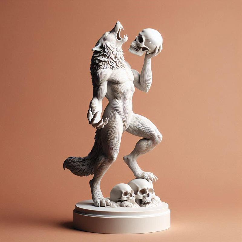 585 Ivory Werewolf Howling with Skull - 3D Model, magic, collectible, creature, dinosaur, sculpture, bear, troll, monkey, witch, club, werewolf, serpent, cat, fantasy, fair