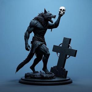 1823 Howling Werewolf with Skull - 3D Printed Statue, magic, dragon, serpent, mask, gnome, gorgon, venetian carnival, wild, fox, monster, cat, fair, witch, werewolf, horror, beast, snake, troll, skeleton dance