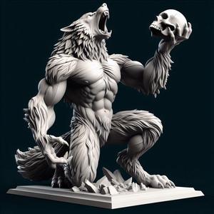 484 Ivory Werewolf Howling with Skull - 3D Model, magic, collectible, creature, dinosaur, sculpture, bear, troll, monkey, witch, club, werewolf, serpent, cat, fantasy, fair