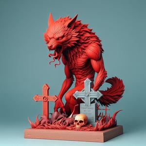 1074 COLORFUL Werewolf Howling with Skull - 3D Model, beast, magic, creature, fantasy, wood, base, sword, warrior, wild, cat, monster, dog, godzilla, fair, witch, werewolf, horror, beast, gothic, troll
