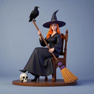 1526 Elegant Witch with Broom, Raven and Skull - Colorful Full-Body Figurine, magic, creature, fantasy, wood, gnome, gorgon, warrior, wild, fox, monster, cat, dog, fair, witch, werewolf, horror, beast, gothic, troll