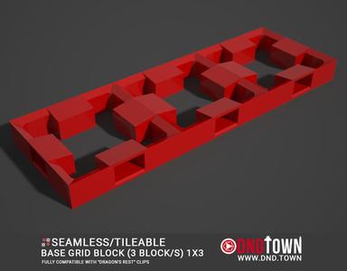 Base Grid Block 1x3 (3 Blocks) - Low Profile - 3D Modular Dungeon Terrain Tile STL - DnD Town Minis (www.dnd.town)
