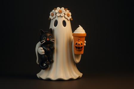 Cute Halloween Ghost with Black Cat and Pumpkin Cup – Figurine – Spooky Fall Home Decor