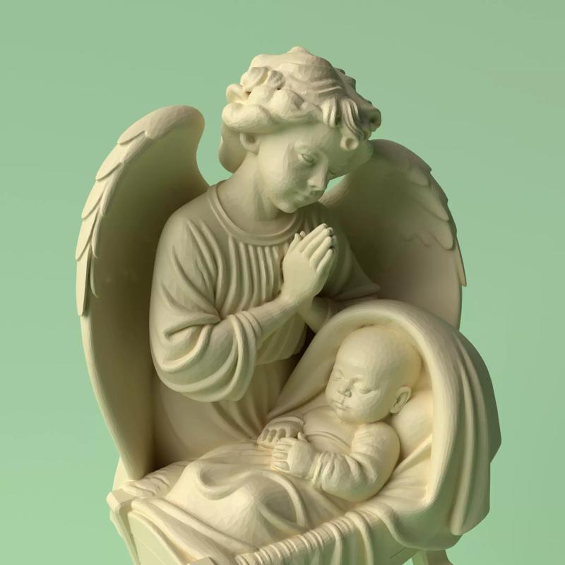 Divine Protection  Angel Praying Beside Sleeping Baby Sculpture