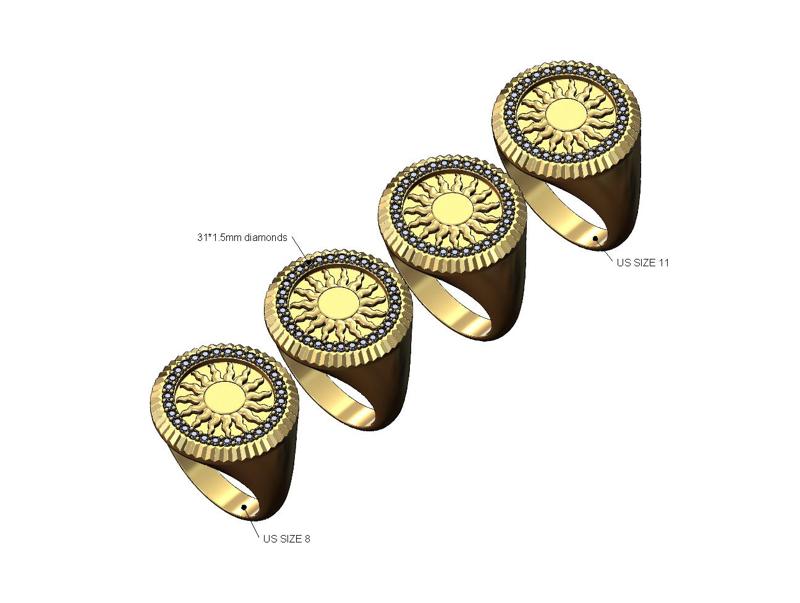 Fluted bezel round sun diamond signet ring Us sizes 8to11 3D print model