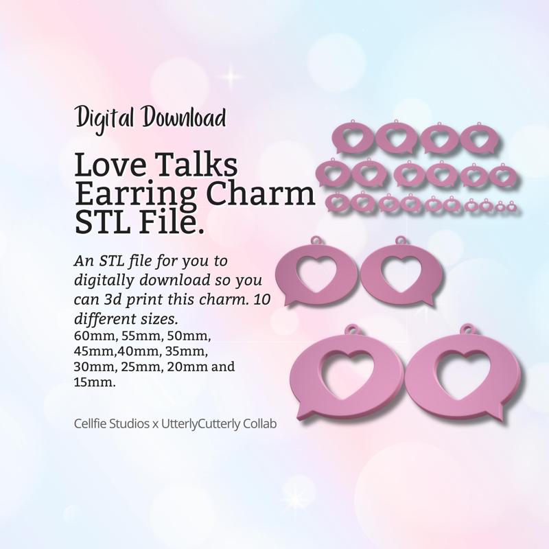 Love Heart Talk Earring Charm STL File - Digital Download -10 Sizes- Necklace Earring Keyring Modern Design