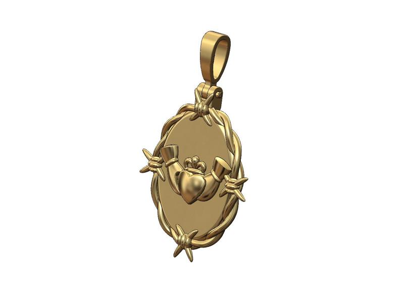 Oval Barbwire Claddagh heart crown pendant with bail 3D print model