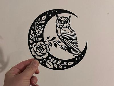 Wall Art - Moon, Flowers and Owl