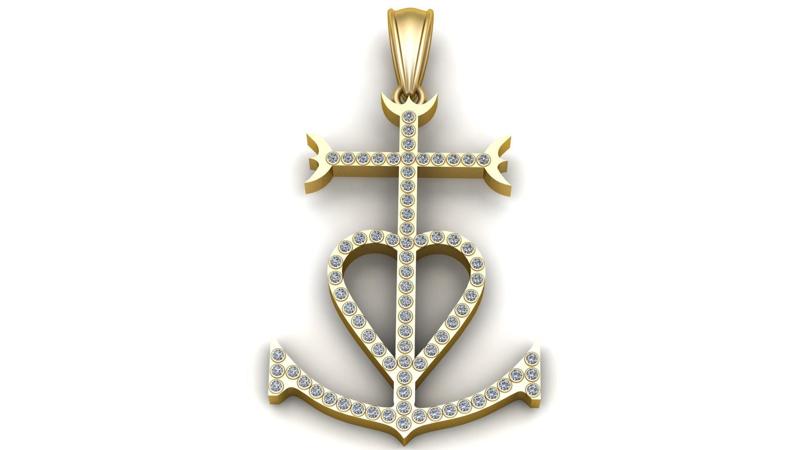 Gold Anchor Cross Heart Pendant 3D Printable Model