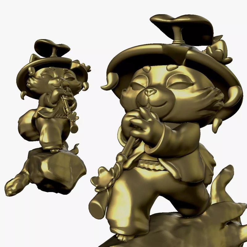 001158 golden anime fox playing on stick opened eyes 3d print...