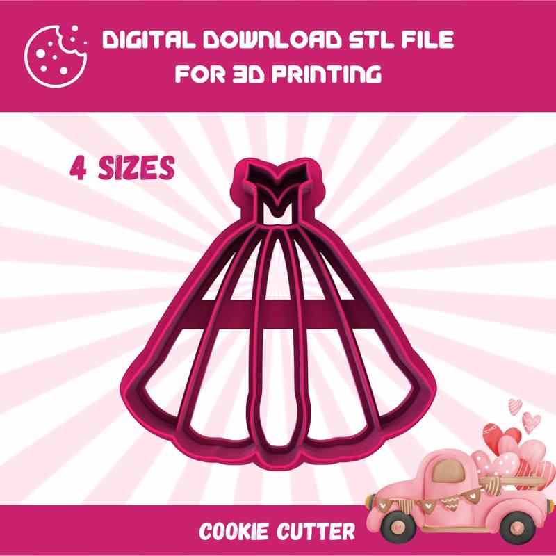 Cutty clay stl bridal wedding dress cookie cutter, 4 sizes stl file for 3d printing