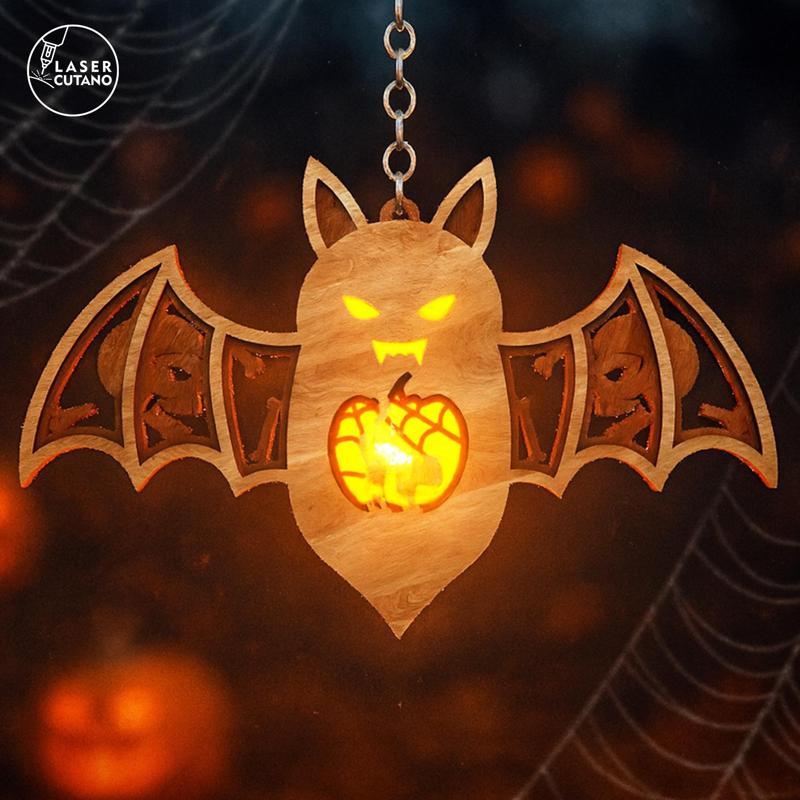 Laser Cut Halloween Bat Lantern SVG - Witch on Broom Night Light