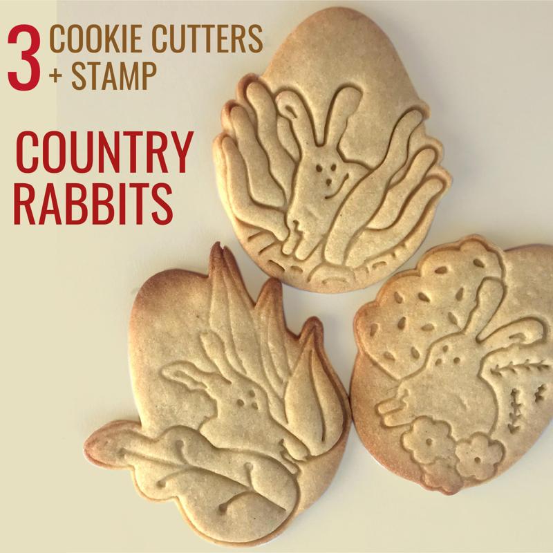 Country rabbits - 3 cookie cuters + stamps