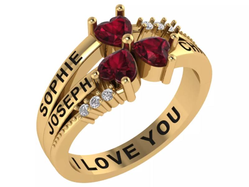 Personalized 3 Heart Gem Stone Mothers Ring Set Sizes 5 to 12