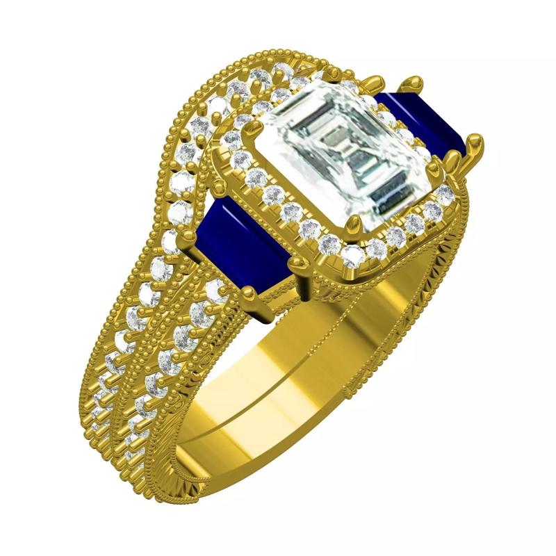 Emeral Cut Three Stone Filigree Wedding Ring with Band