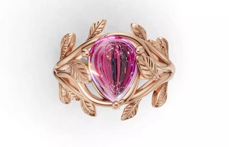 Nature Inspired Gold Ring with Pink Cabochon Gemstone