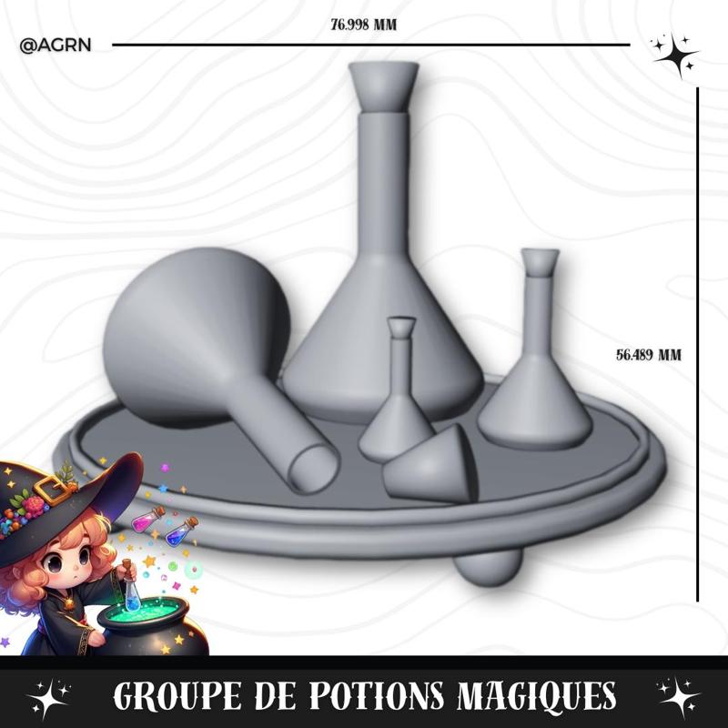 Groups of vials, magic potions on a round JDR board