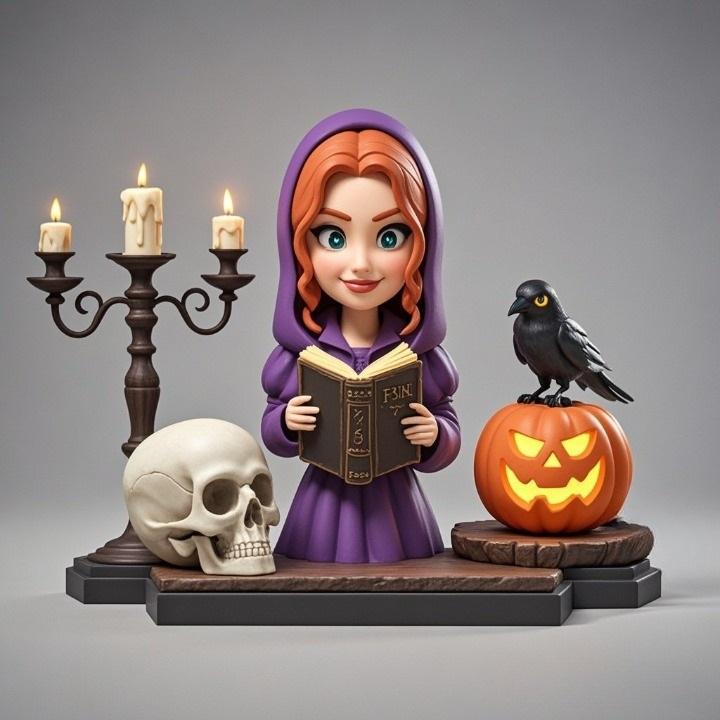 2377Halloween Witch with Spell book, Skull, Raven and Pumpkin - Color 3D Model on Pedestal, halloween, magic, dragon, serpent, mask, gnome, gorgon, wild, fox, monster, cat, fair, witch, werewolf, horror, beast, snake
