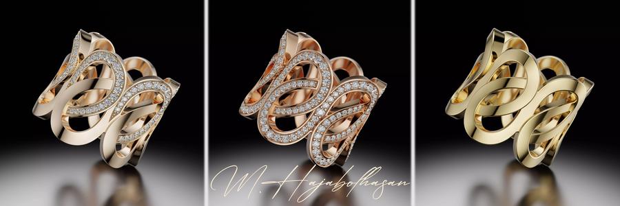 Gold Diamond Swirl Statement Ring - High-Detail 3D Model