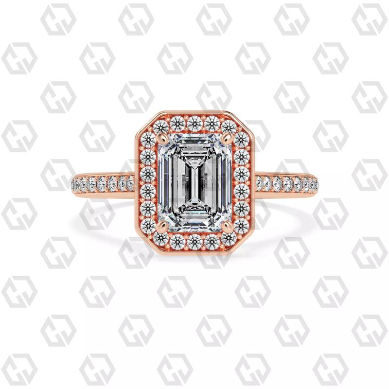 Ring 193 Emerald Shape Cathedral Halo pave set with Gems