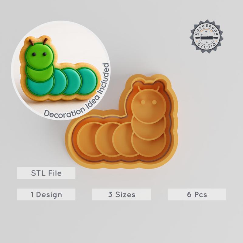 Caterpillar Shape Cutter & Stamp Set, Garden Insect Design, Cookie & Fondant, 3 Sizes