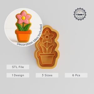 Potted Lotus Shape Cutter & Stamp Set, Flower Pot Cookie & Fondant Tool, Garden Lotus Designs, 3 Sizes, S/M/L