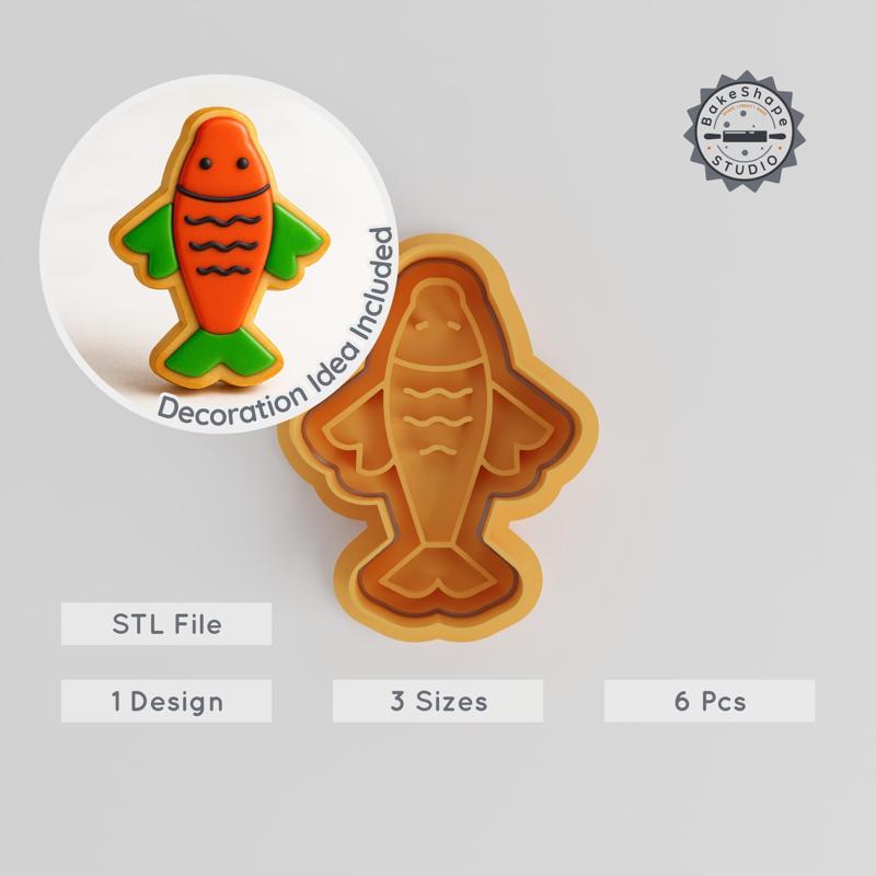 Carp Shape Cutter & Stamp Set, Koi Fish Cookie Fondant Molds, Fortune Fish Design, 6 Piece Collection in Small to Large Sizes