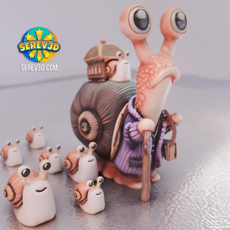 Elder Snail with Baby Snails - Flexi Garden Decor - No Supports 3D Print STL/3MF