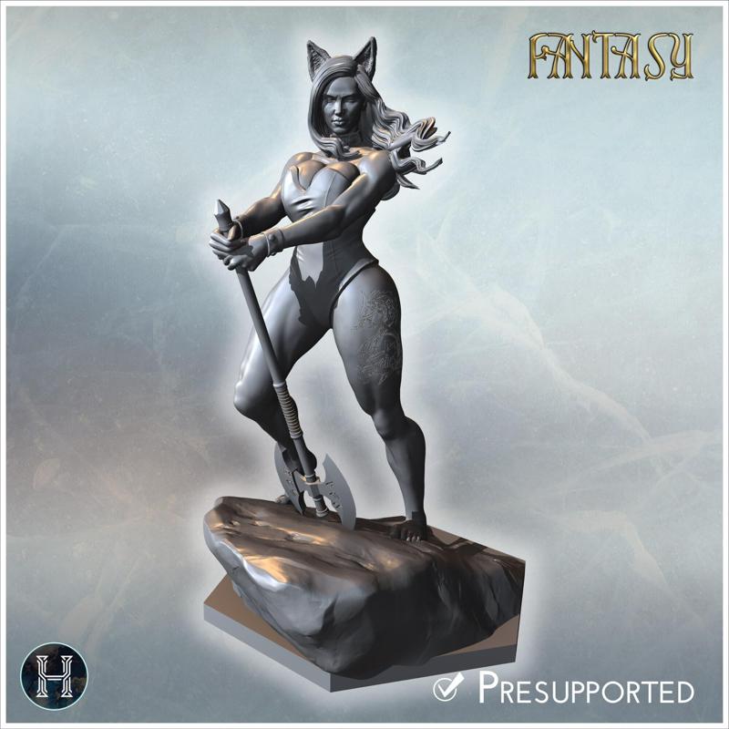 Female fighter holding a large axe, wearing a fitted suit with cat ears accessory (36) - Medieval Fantasy Magic Feudal Old Archaic Saga 28mm 15mm