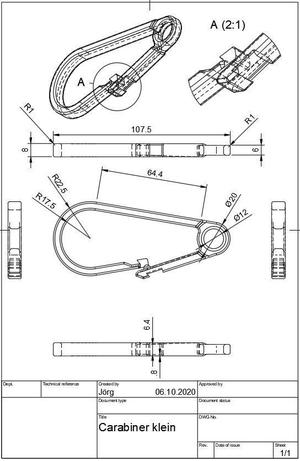 Carabiner small with barbs and a round hole