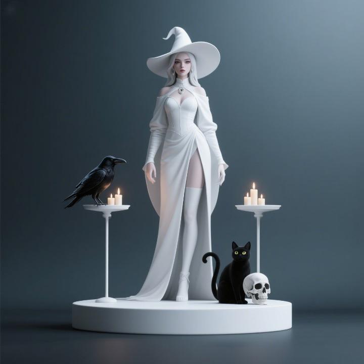 1153 White Witch with Cat - Monster and Raven - COLORFUL 3D Figurine, magic, creature, fantasy, wood, gnome, gorgon, warrior, wild, fox, monster, cat, dog, fair, witch, werewolf, horror, beast, gothic, troll