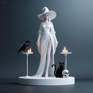 1153 White Witch with Cat - Monster and Raven - COLORFUL 3D Figurine, magic, creature, fantasy, wood, gnome, gorgon, warrior, wild, fox, monster, cat, dog, fair, witch, werewolf, horror, beast, gothic, troll