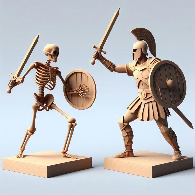 512 Battle of the Skeletons Figure vs Warrior Battle - Full Figure 3D Printed Wooden Statue, witch, dinosaur, wooden, knight, viking, dragon, dnd, cat, monster hunter, dog, monster, totem, totemic