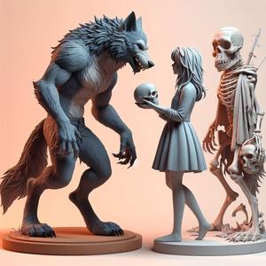 1617 Colorful 3D Model of Confused Werewolf and Brave Girl on Base, magic, creature, fantasy, wood, gnome, gorgon, warrior, wild, fox, monster, cat, dog, fair, witch, werewolf, horror, beast, gothic, troll