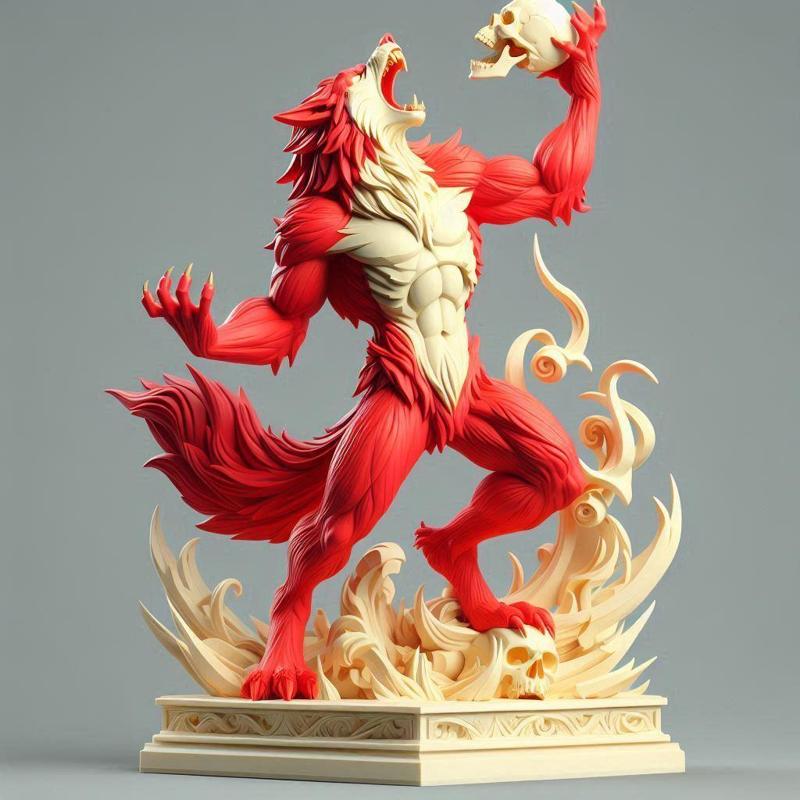 848 Ivory Werewolf Howling with Skull - 3D Model, magic, creature, fantasy, wood, base, sword, warrior, wild, cat, monster, dog, godzilla, fair, witch, werewolf, horror, beast, gothic, troll