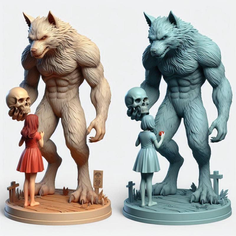 1308 Colorful 3D Model of Confused Werewolf and Brave Girl on Base, magic, creature, fantasy, wood, gnome, gorgon, warrior, wild, fox, monster, cat, dog, fair, witch, werewolf, horror, beast, gothic, troll