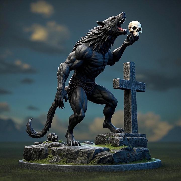 1693 COLORFUL Werewolf Howling with Skull - 3D Model, beast, magic, creature, fantasy, wood, base, sword, warrior, wild, cat, monster, dog, godzilla, fair, witch, werewolf, horror, beast, gothic, troll
