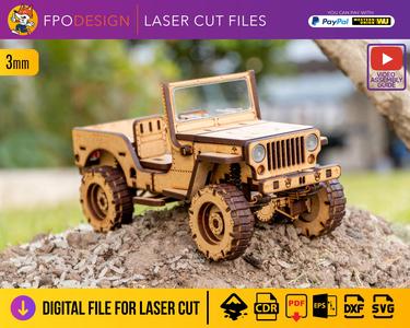 4x4 war car flatbed laser cut 3mm chipboard mdf wood truck 3d model to assemble Laser Cut 3D Puzzle DIY png svg dfx pd