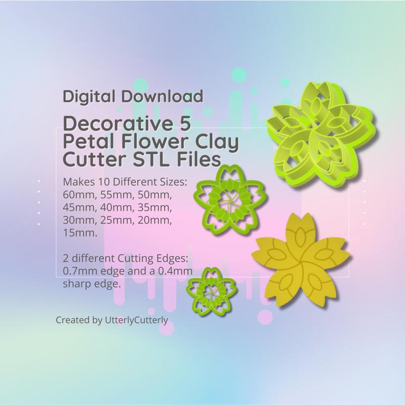 Clay Cutter STL File Decorative 5 Petal Flower - Flower Earring Digital File Download- 8 sizes and 2 Cutter Versions, cookie cutter