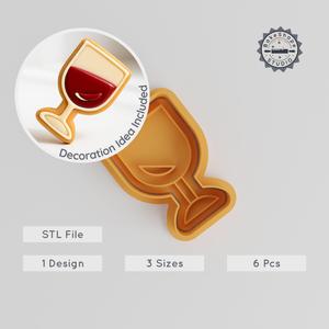 Wine Bottle & Glass Cutter Stamp Set, 6-Piece, S/M/L, for Cookies & Fondant, Drink-Themed 3D Print STL