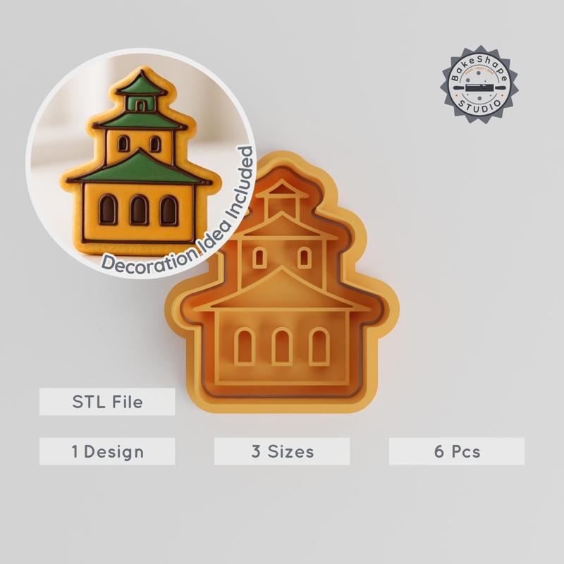 Temple Cookie Cutter & Stamp, Asian Shrine Fondant Cutter Set, 3 Sizes, 6 Pieces, Religion Themed Baking Tools