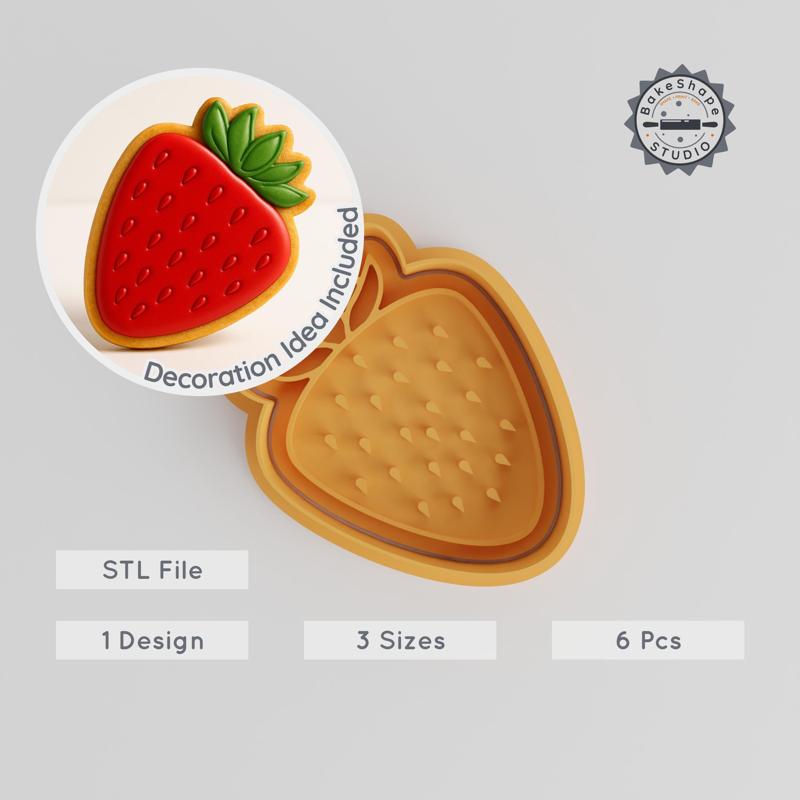 Strawberry Cookie Cutter & Stamp Set, 6 Piece, Organic Fruit Design, S/M/L Sizes, Perfect for Cookies & Fondant