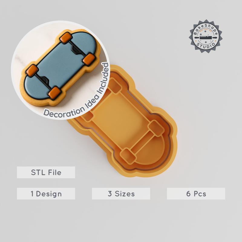 Skateboard Shape Cutter & Stamp Set, Perfect for Cookies & Fondant, 3 Sizes, 6 Pieces, Sports & Skateboarding Design