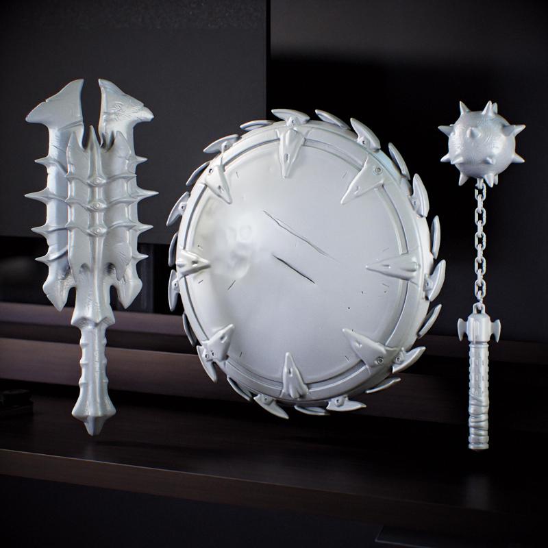 Doom "The Dark Age" Malee Weapons Pack x 3 - Shield + Flail + Deadmace hammer - Slayer Doom - Doom The Dark Age - Malee Hand Weapons - Pack x 3 - Shield + Hammer + Spiked Ball - Slayer Doom