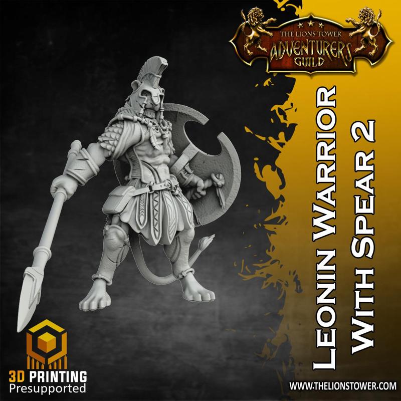 Leonin Tribe -  Warrior with Spear 2 (32mm scale, Pre-supported Miniature)
